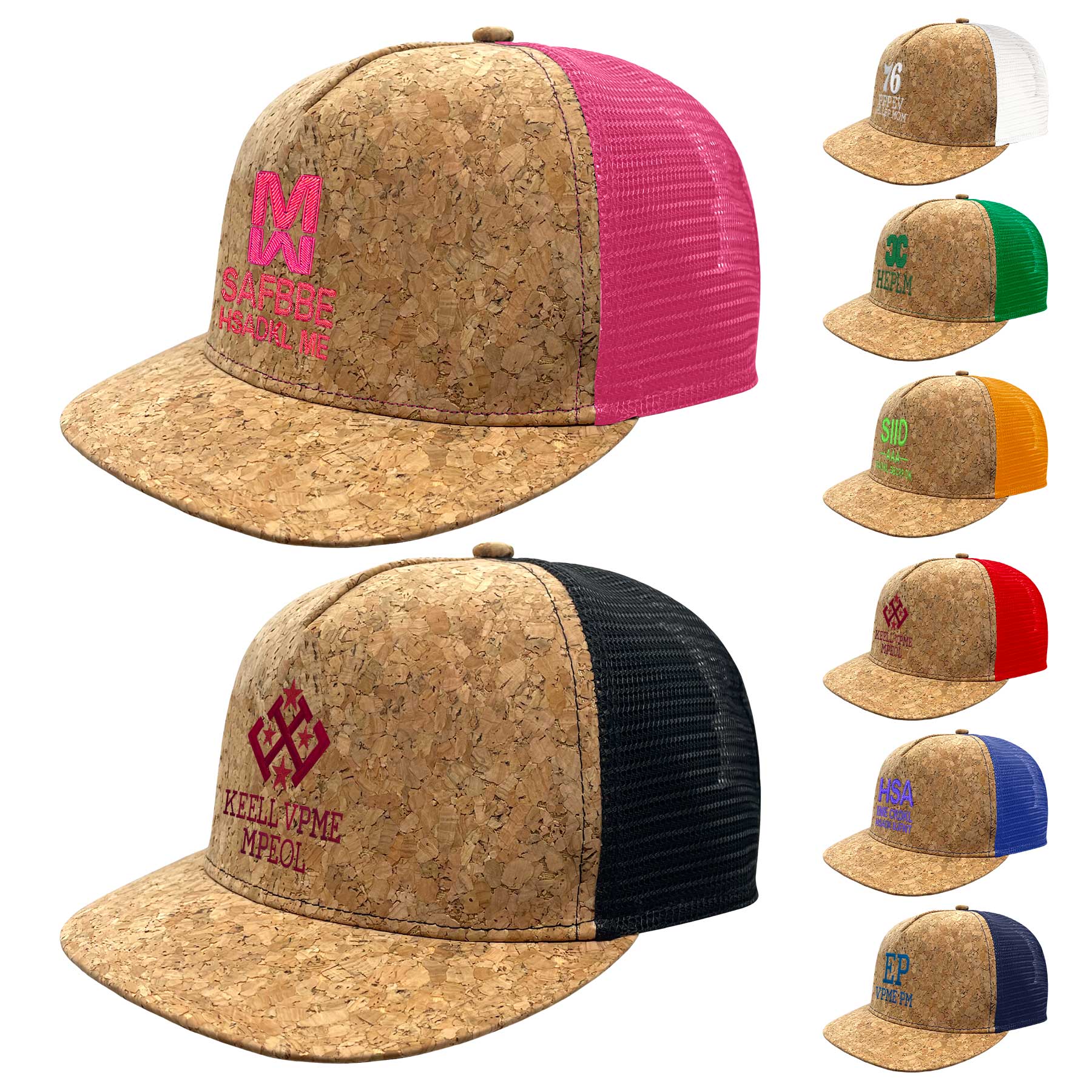 FlyFlyPromos - Cork Flat Visor 5 Panel Snapback Mesh Back Trucker Hat - Promotional Product