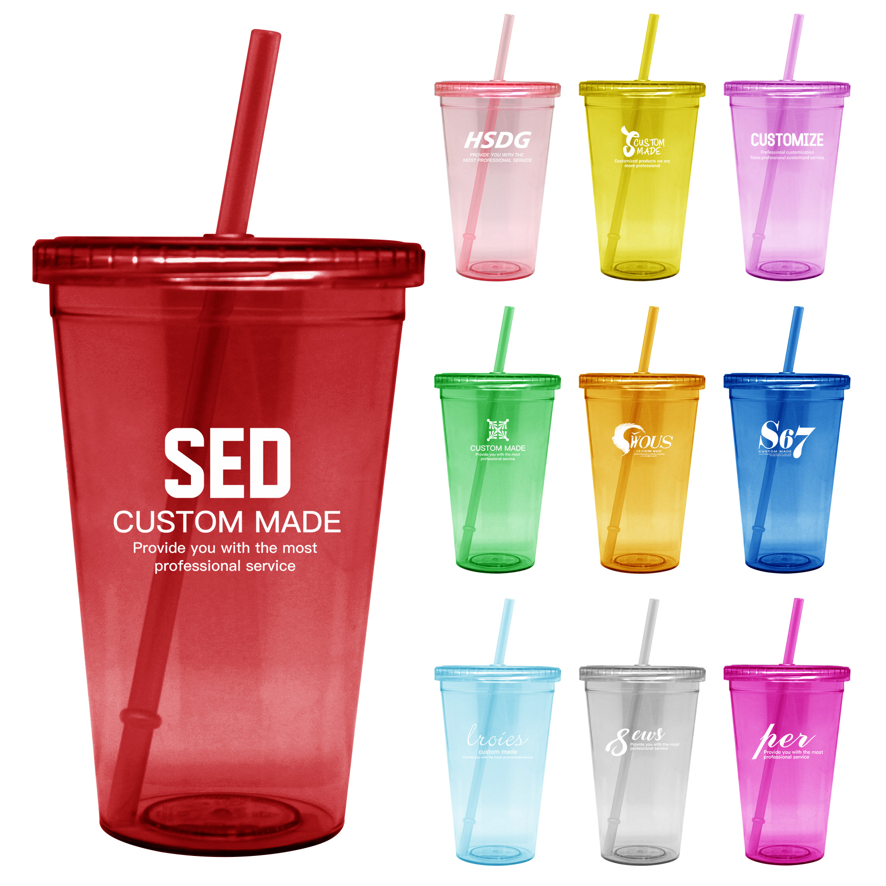 FlyFlyPromos - Double Wall Clear Plastic Cup With Lid And Straw - Promotional Product