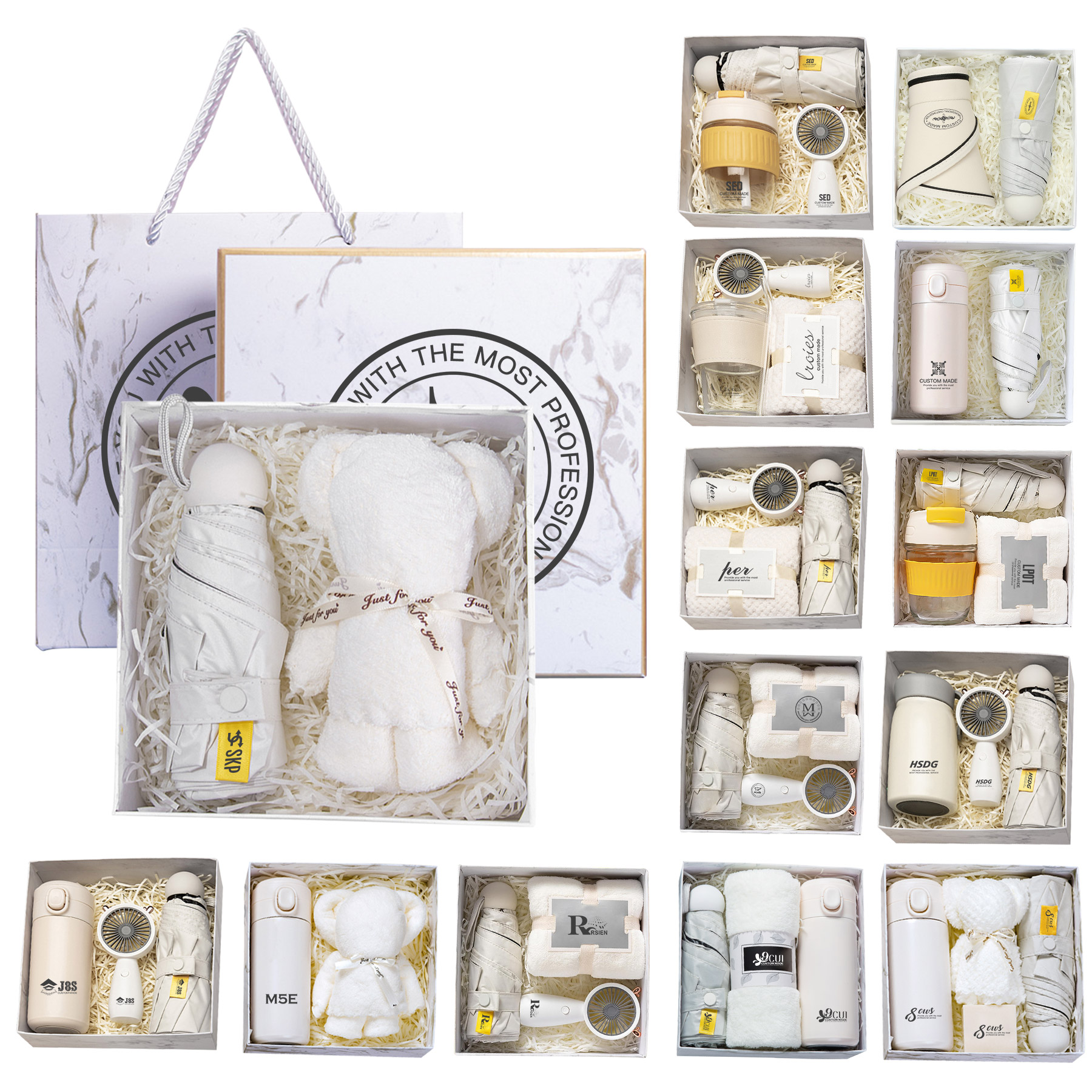 FlyFlyPromos - Gift Set with Umbrella, Towel, Handheld Fan - Promotional Product