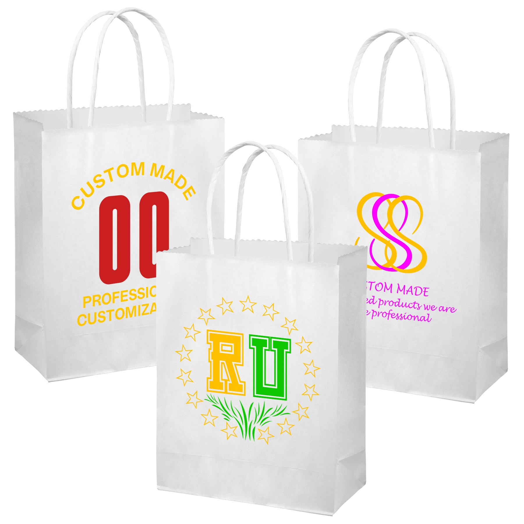 FlyFlyPromos - White Kraft Paper Bags with Handles - Promotional Product