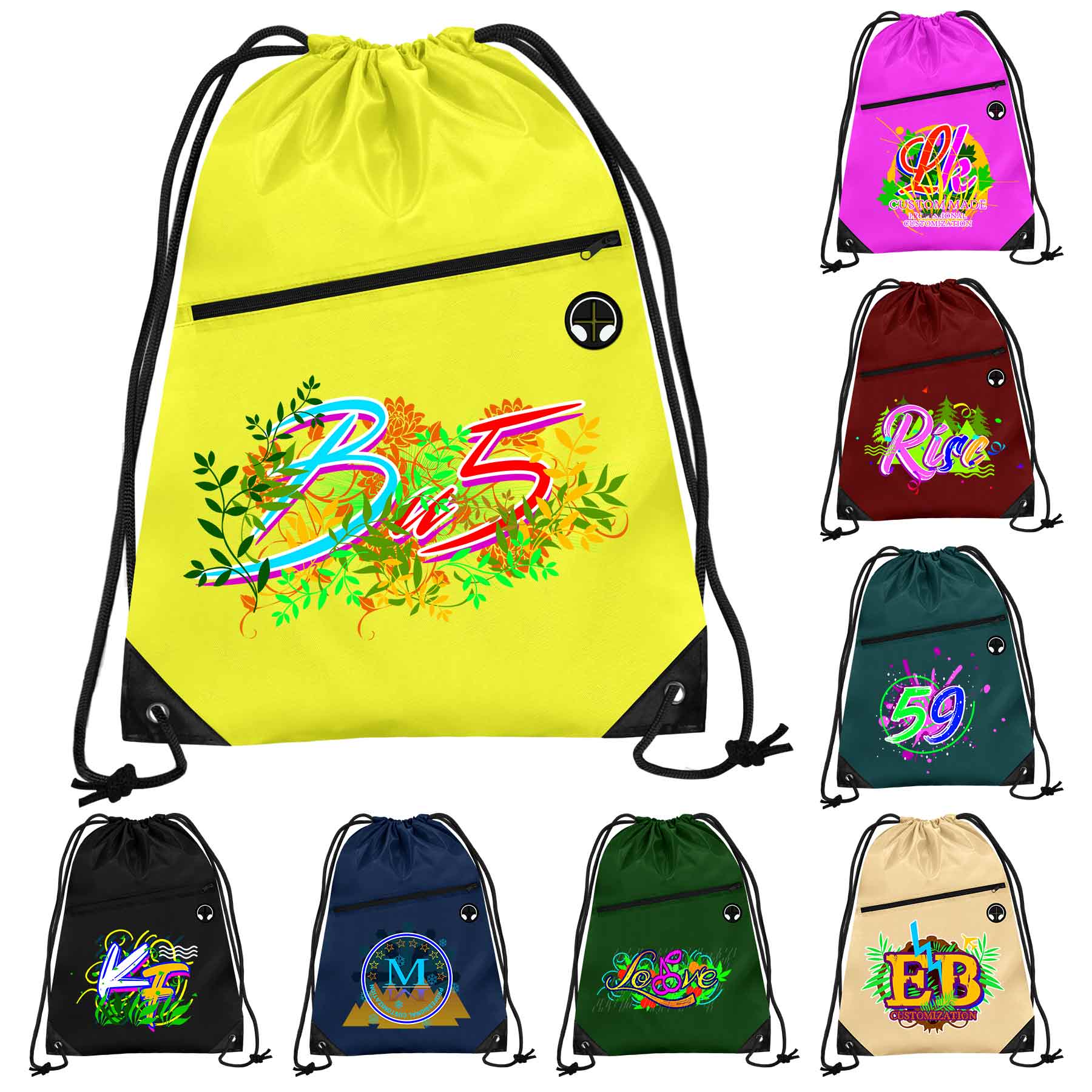FlyFlyPromos - Polyester Cinch Backpack with Front Zipper Pocket - Promotional Product