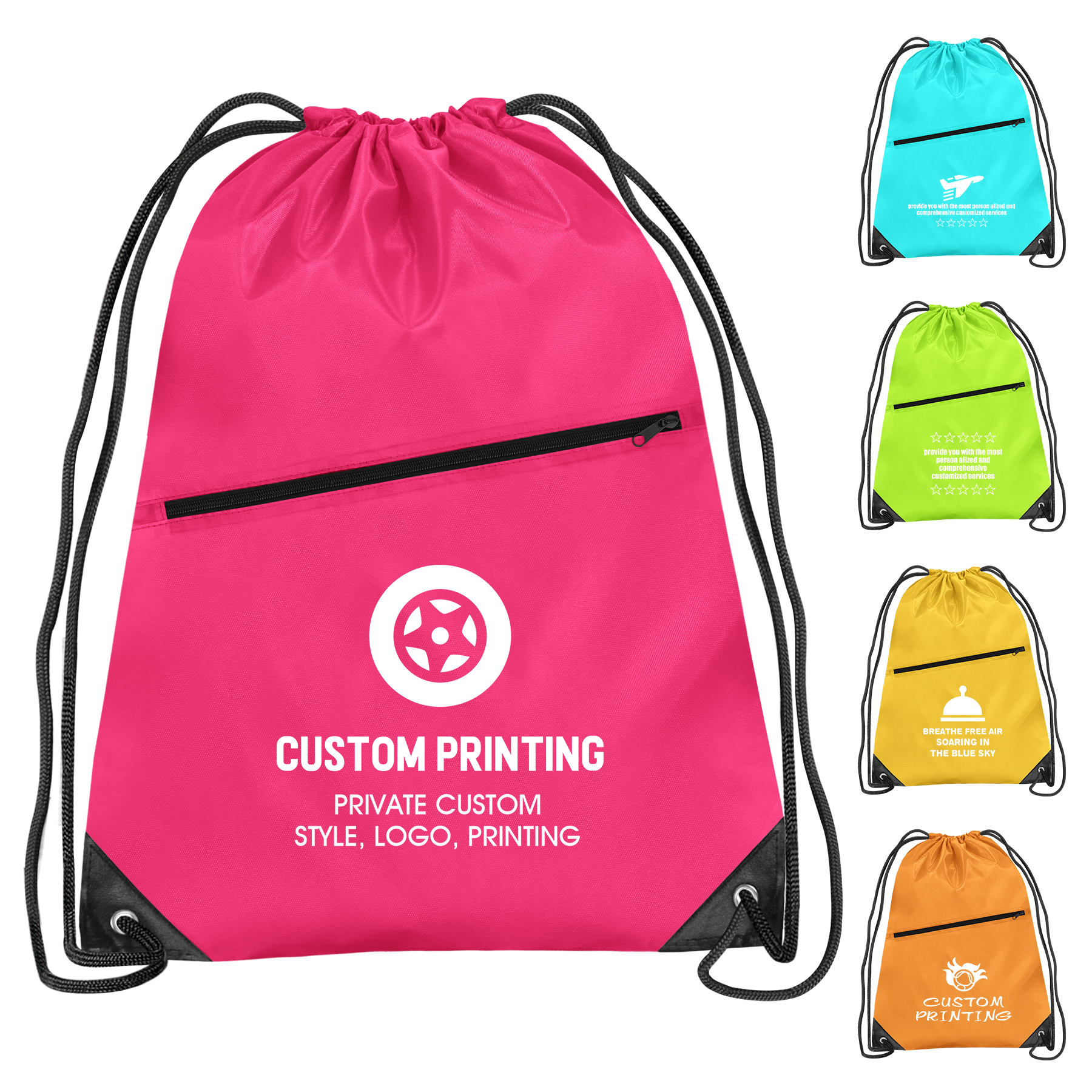 FlyFlyPromos - Polyester Drawstring Backpack with Front Zipper - Promotional Product