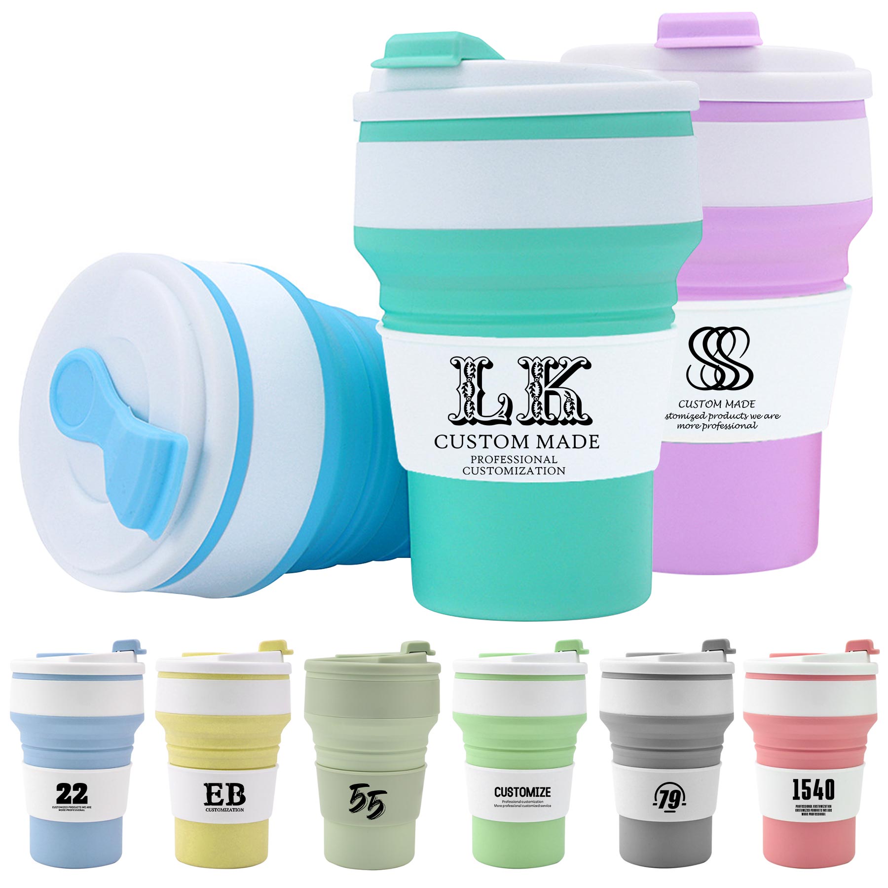 FlyFlyPromos - 12 OZ Silicone Telescopic Folding Cup With Lid - Promotional Product