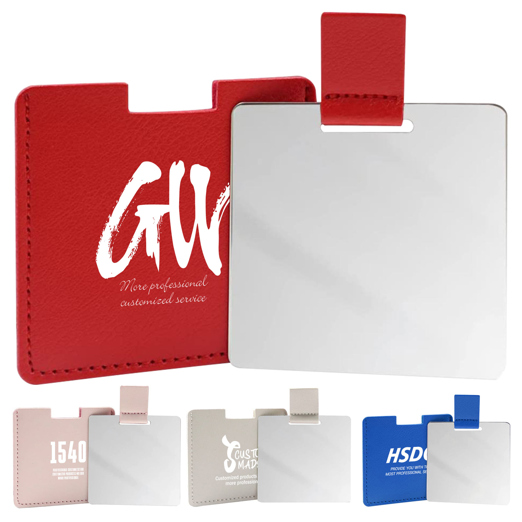 FlyFlyPromos - Square Stainless Steel Cosmetic Mirror with Leather Sleeve - Promotional Product