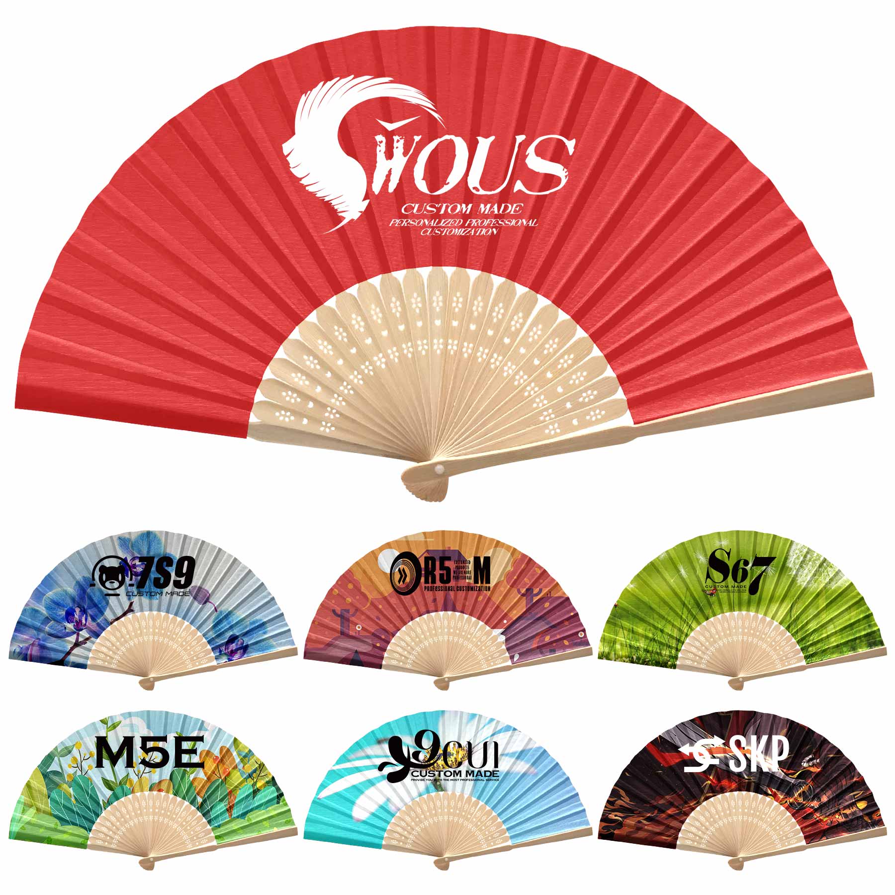 FlyFlyPromos - Handheld Folded Paper Fans with Bamboo Handle - Promotional Product