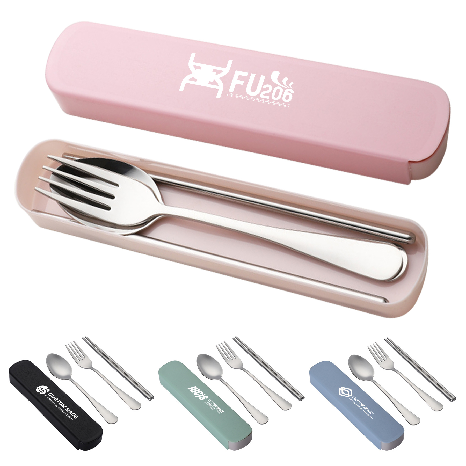 FlyFlyPromos - Stainless Steel Portable Cutlery Set with Fork Spoon Chopsticks - Promotional Product