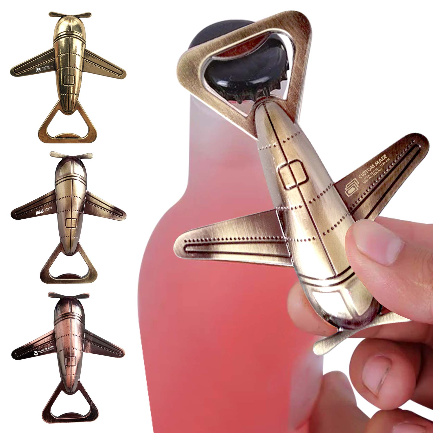 FlyFlyPromos - Travel Themed Classic Brass Color Metal Vintage Airplane Bottle Opener - Promotional Product